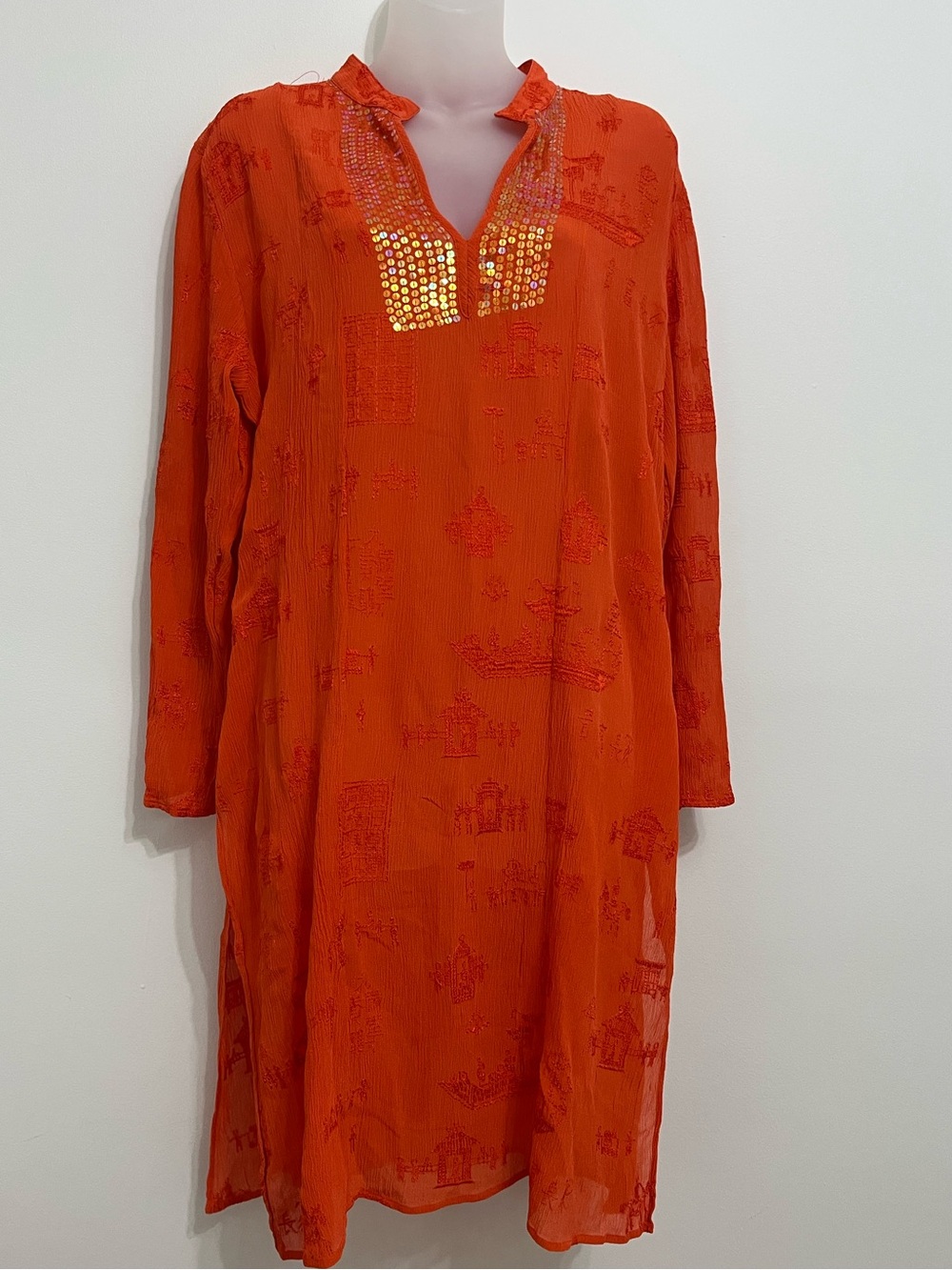 Chico's Bold Orange Embroidered Silk Top